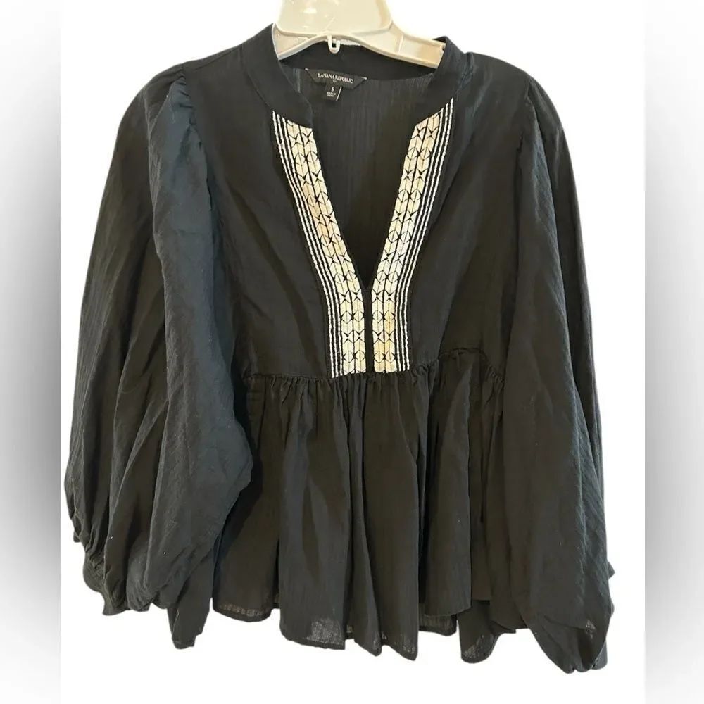Banana Republic Black Boho Embroidered Long Balloon Sleeve 100% Cotton Blouse S